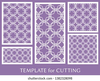 Decorative panels set for laser cutting. Geometric ornament for wedding invitation, envelope, greeting or business cards, Template for paper cut, printing, engraving wood, metal. Stencil manufacturing