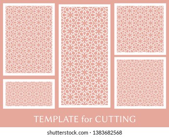 Decorative panels set for laser cutting. Geometric ornament for wedding invitation, envelope, greeting or business cards, Template for paper cut, printing, engraving wood, metal. Stencil manufacturing