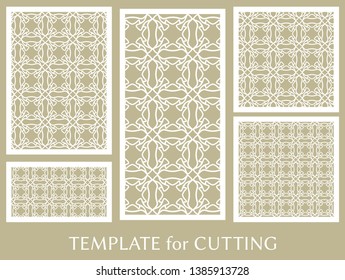 Decorative panels set for laser cutting. Geometric ornament for wedding invitation, envelope, greeting or business cards, Template for paper cut, printing, engraving wood, metal. Stencil manufacturing