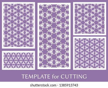 Decorative panels set for laser cutting. Geometric ornament for wedding invitation, envelope, greeting or business cards, Template for paper cut, printing, engraving wood, metal. Stencil manufacturing