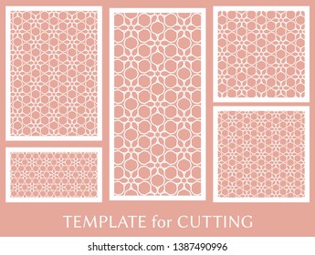 Decorative panels set for laser cutting. Geometric ornament for wedding invitation, envelope, greeting or business cards, Template for paper cut, printing, engraving wood, metal. Stencil manufacturing