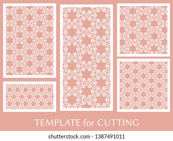 Decorative panels set for laser cutting. Geometric ornament for wedding invitation, envelope, greeting or business cards, Template for paper cut, printing, engraving wood, metal. Stencil manufacturing