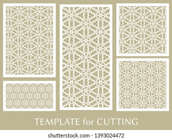 Decorative panels set for laser cutting. Geometric ornament for wedding invitation, envelope, greeting or business cards, Template for paper cut, printing, engraving wood, metal. Stencil manufacturing