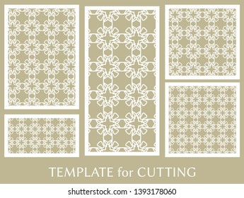 Decorative panels set for laser cutting. Geometric ornament for wedding invitation, envelope, greeting or business cards, Template for paper cut, printing, engraving wood, metal. Stencil manufacturing