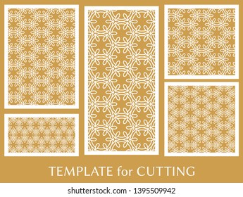 Decorative panels set for laser cutting. Geometric ornament for wedding invitation, envelope, greeting or business cards, Template for paper cut, printing, engraving wood, metal. Stencil manufacturing
