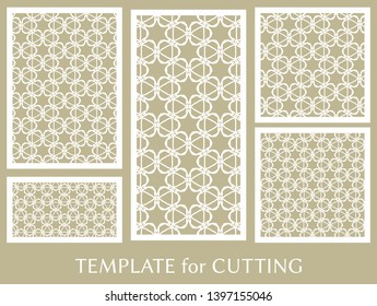 Decorative panels set for laser cutting. Geometric ornament for wedding invitation, envelope, greeting or business cards, Template for paper cut, printing, engraving wood, metal. Stencil manufacturing