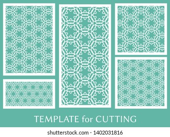Decorative panels set for laser cutting. Geometric ornament for wedding invitation, envelope, greeting or business cards, Template for paper cut, printing, engraving wood, metal. Stencil manufacturing