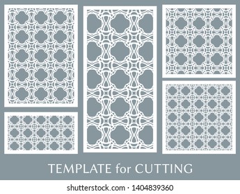 Decorative panels set for laser cutting. Geometric ornament for wedding invitation, envelope, greeting or business cards, Template for paper cut, printing, engraving wood, metal. Stencil manufacturing