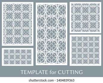 Decorative panels set for laser cutting. Geometric ornament for wedding invitation, envelope, greeting or business cards, Template for paper cut, printing, engraving wood, metal. Stencil manufacturing