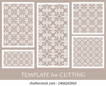 Decorative panels set for laser cutting. Geometric ornament for wedding invitation, envelope, greeting or business cards, Template for paper cut, printing, engraving wood, metal. Stencil manufacturing