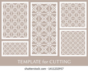 Decorative panels set for laser cutting. Geometric ornament for wedding invitation, envelope, greeting or business cards, Template for paper cut, printing, engraving wood, metal. Stencil manufacturing