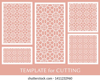 Decorative panels set for laser cutting. Geometric ornament for wedding invitation, envelope, greeting or business cards, Template for paper cut, printing, engraving wood, metal. Stencil manufacturing