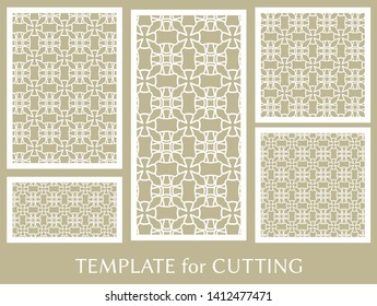 Decorative panels set for laser cutting. Geometric ornament for wedding invitation, envelope, greeting or business cards, Template for paper cut, printing, engraving wood, metal. Stencil manufacturing