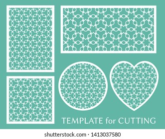 Decorative panels set for laser cutting. Geometric round ornament and heart element for wedding invitation, envelope, greeting card. Template for paper cut, printing. Stencil manufacturing