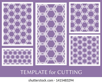 Decorative panels set for laser cutting. Geometric ornament for wedding invitation, envelope, greeting or business cards, Template for paper cut, printing, engraving wood, metal. Stencil manufacturing
