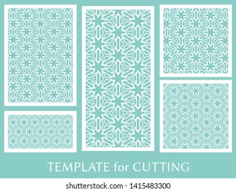 Decorative panels set for laser cutting. Geometric ornament for wedding invitation, envelope, greeting or business cards, Template for paper cut, printing, engraving wood, metal. Stencil manufacturing