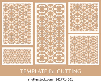 Decorative panels set for laser cutting. Geometric ornament for wedding invitation, envelope, greeting or business cards, Template for paper cut, printing, engraving wood, metal. Stencil manufacturing