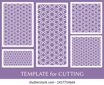 Decorative panels set for laser cutting. Geometric ornament for wedding invitation, envelope, greeting or business cards, Template for paper cut, printing, engraving wood, metal. Stencil manufacturing