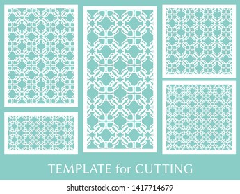Decorative panels set for laser cutting. Geometric ornament for wedding invitation, envelope, greeting or business cards, Template for paper cut, printing, engraving wood, metal. Stencil manufacturing