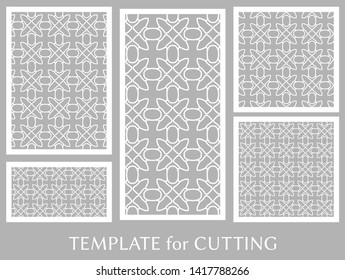 Decorative panels set for laser cutting. Geometric ornament for wedding invitation, envelope, greeting or business cards, Template for paper cut, printing, engraving wood, metal. Stencil manufacturing