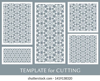 Decorative panels set for laser cutting. Geometric ornament for wedding invitation, envelope, greeting or business cards, Template for paper cut, printing, engraving wood, metal. Stencil manufacturing