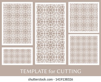 Decorative panels set for laser cutting. Geometric ornament for wedding invitation, envelope, greeting or business cards, Template for paper cut, printing, engraving wood, metal. Stencil manufacturing