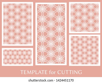 Decorative panels set for laser cutting. Geometric ornament for wedding invitation, envelope, greeting or business cards, Template for paper cut, printing, engraving wood, metal. Stencil manufacturing