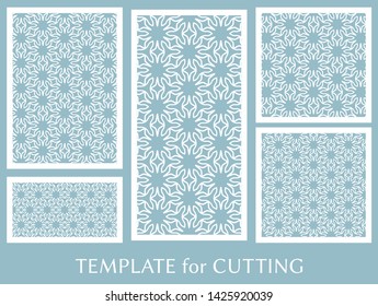 Decorative panels set for laser cutting. Geometric ornament for wedding invitation, envelope, greeting or business cards, Template for paper cut, printing, engraving wood, metal. Stencil manufacturing
