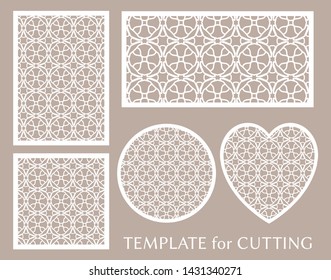 Decorative panels set for laser cutting. Geometric round ornament and heart element for wedding invitation, envelope, greeting card. Template for paper cut, printing. Stencil manufacturing