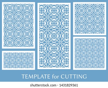 Decorative panels set for laser cutting. Geometric ornament for wedding invitation, envelope, greeting or business cards, Template for paper cut, printing, engraving wood, metal. Stencil manufacturing