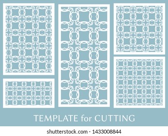 Decorative panels set for laser cutting. Geometric ornament for wedding invitation, envelope, greeting or business cards, Template for paper cut, printing, engraving wood, metal. Stencil manufacturing