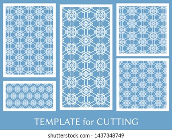 Decorative panels set for laser cutting. Geometric ornament for wedding invitation, envelope, greeting or business cards, Template for paper cut, printing, engraving wood, metal. Stencil manufacturing