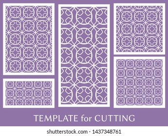 Decorative panels set for laser cutting. Geometric ornament for wedding invitation, envelope, greeting or business cards, Template for paper cut, printing, engraving wood, metal. Stencil manufacturing