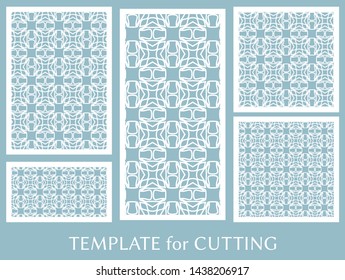 Decorative panels set for laser cutting. Geometric ornament for wedding invitation, envelope, greeting or business cards, Template for paper cut, printing, engraving wood, metal. Stencil manufacturing