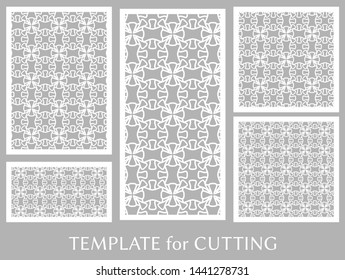 Decorative panels set for laser cutting. Geometric ornament for wedding invitation, envelope, greeting or business cards, Template for paper cut, printing, engraving wood, metal. Stencil manufacturing