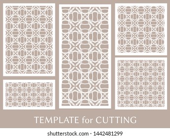 Decorative panels set for laser cutting. Geometric ornament for wedding invitation, envelope, greeting or business cards, Template for paper cut, printing, engraving wood, metal. Stencil manufacturing