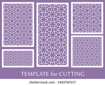 Decorative panels set for laser cutting. Geometric ornament for wedding invitation, envelope, greeting or business cards, Template for paper cut, printing, engraving wood, metal. Stencil manufacturing