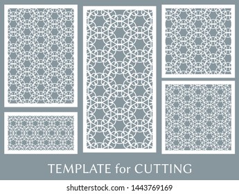 Decorative panels set for laser cutting. Geometric ornament for wedding invitation, envelope, greeting or business cards, Template for paper cut, printing, engraving wood, metal. Stencil manufacturing