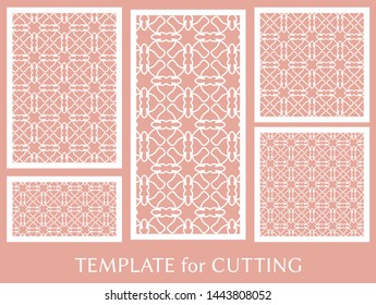 Decorative panels set for laser cutting. Geometric ornament for wedding invitation, envelope, greeting or business cards, Template for paper cut, printing, engraving wood, metal. Stencil manufacturing