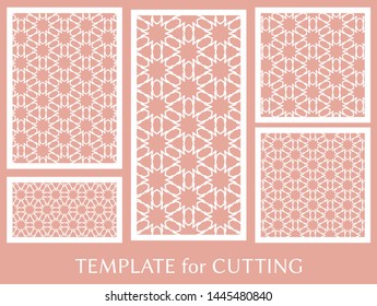 Decorative panels set for laser cutting. Geometric ornament for wedding invitation, envelope, greeting or business cards, Template for paper cut, printing, engraving wood, metal. Stencil manufacturing