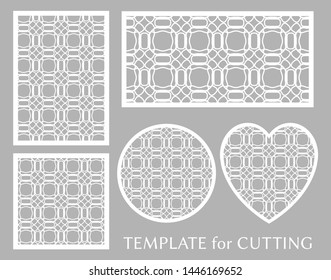 Decorative panels set for laser cutting. Geometric round ornament and heart element for wedding invitation, envelope, greeting card. Template for paper cut, printing. Stencil manufacturing