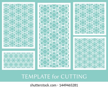 Decorative panels set for laser cutting. Geometric ornament for wedding invitation, envelope, greeting or business cards, Template for paper cut, printing, engraving wood, metal. Stencil manufacturing