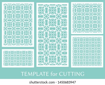 Decorative panels set for laser cutting. Geometric ornament for wedding invitation, envelope, greeting or business cards, Template for paper cut, printing, engraving wood, metal. Stencil manufacturing