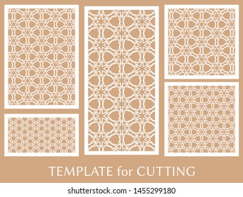 Decorative panels set for laser cutting. Geometric ornament for wedding invitation, envelope, greeting or business cards, Template for paper cut, printing, engraving wood, metal. Stencil manufacturing