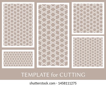 Decorative panels set for laser cutting. Geometric ornament for wedding invitation, envelope, greeting or business cards, Template for paper cut, printing, engraving wood, metal. Stencil manufacturing