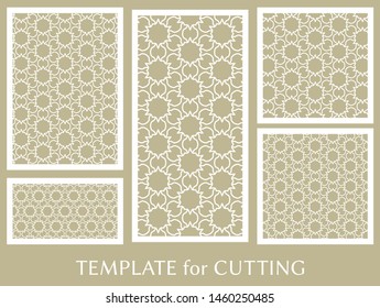 Decorative panels set for laser cutting. Geometric ornament for wedding invitation, envelope, greeting or business cards, Template for paper cut, printing, engraving wood, metal. Stencil manufacturing