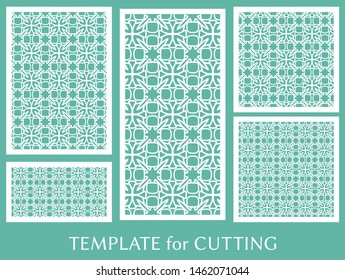 Decorative panels set for laser cutting. Geometric ornament for wedding invitation, envelope, greeting or business cards, Template for paper cut, printing, engraving wood, metal. Stencil manufacturing