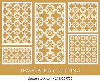 Decorative panels set for laser cutting. Geometric ornament for wedding invitation, envelope, greeting or business cards, Template for paper cut, printing, engraving wood, metal. Stencil manufacturing