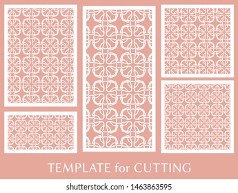 Decorative panels set for laser cutting. Geometric ornament for wedding invitation, envelope, greeting or business cards, Template for paper cut, printing, engraving wood, metal. Stencil manufacturing