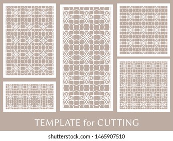 Decorative panels set for laser cutting. Geometric ornament for wedding invitation, envelope, greeting or business cards, Template for paper cut, printing, engraving wood, metal. Stencil manufacturing